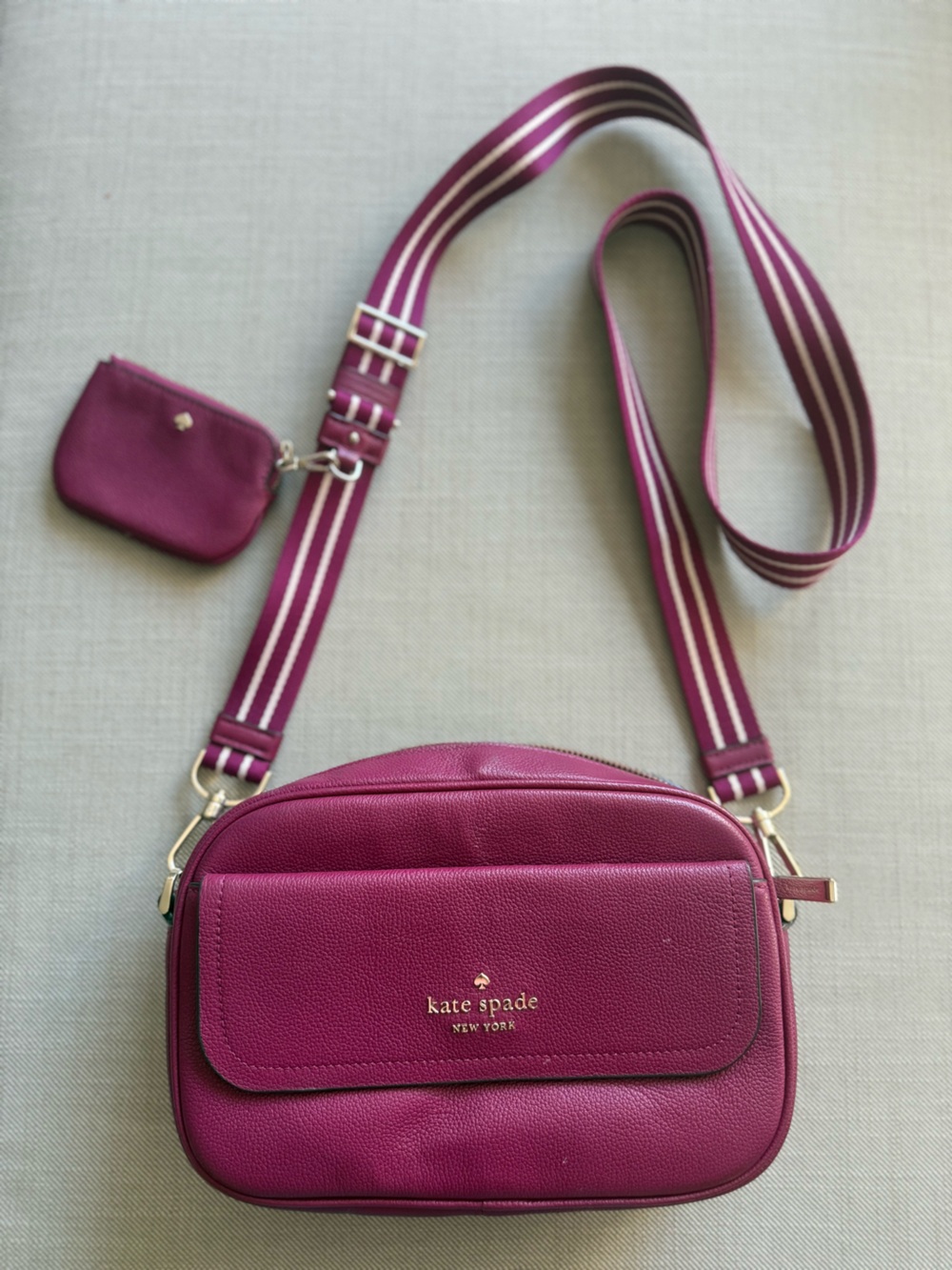 kate spade Raspberry Crossbody camera bag Bag with Striped Strap and Coin Pouch
